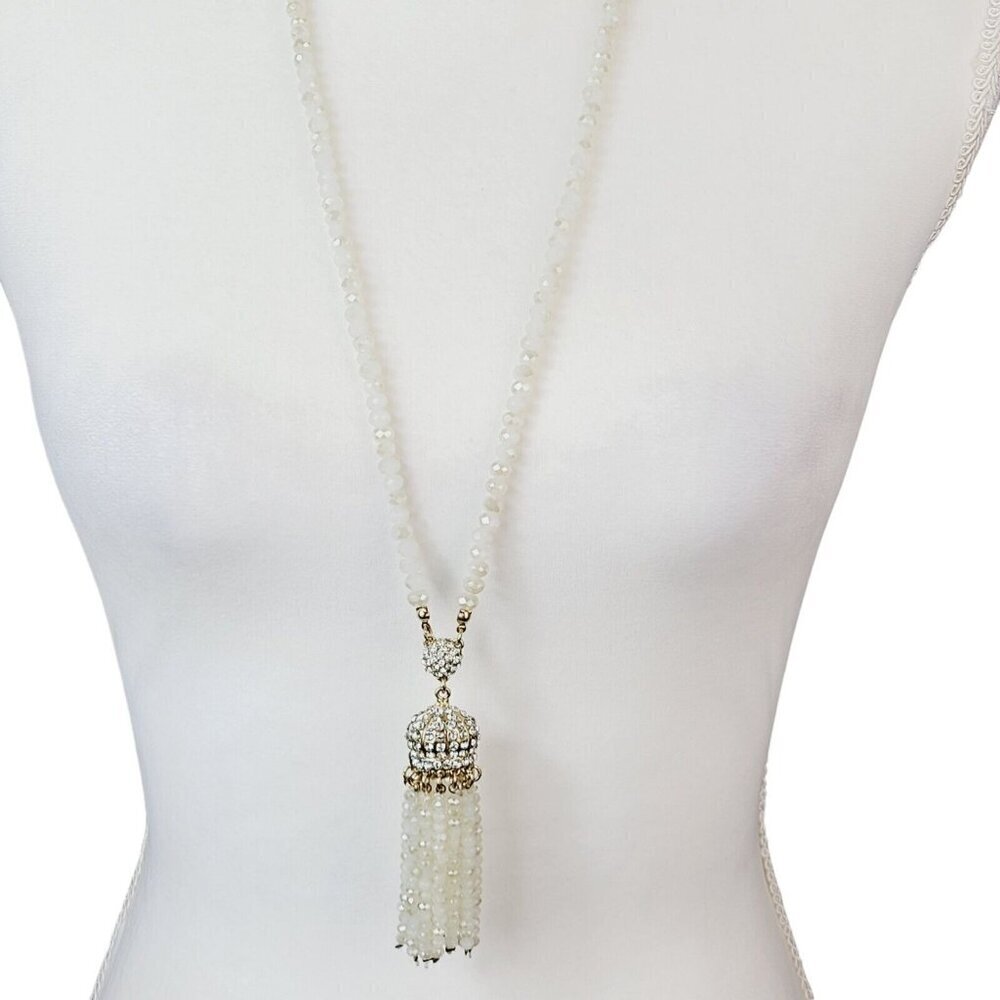 Long Translucent White W/ Champagne AB Faceted Crystal Beaded Tassel Necklace